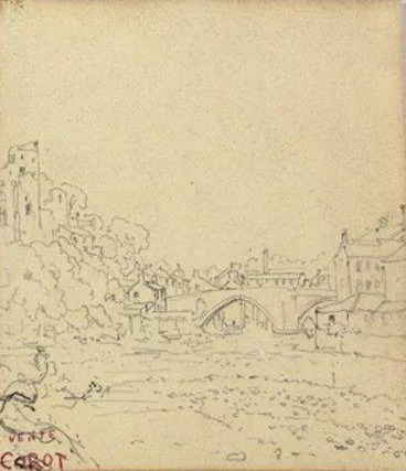 Stolen Corot drawing, Landscape with Bridge